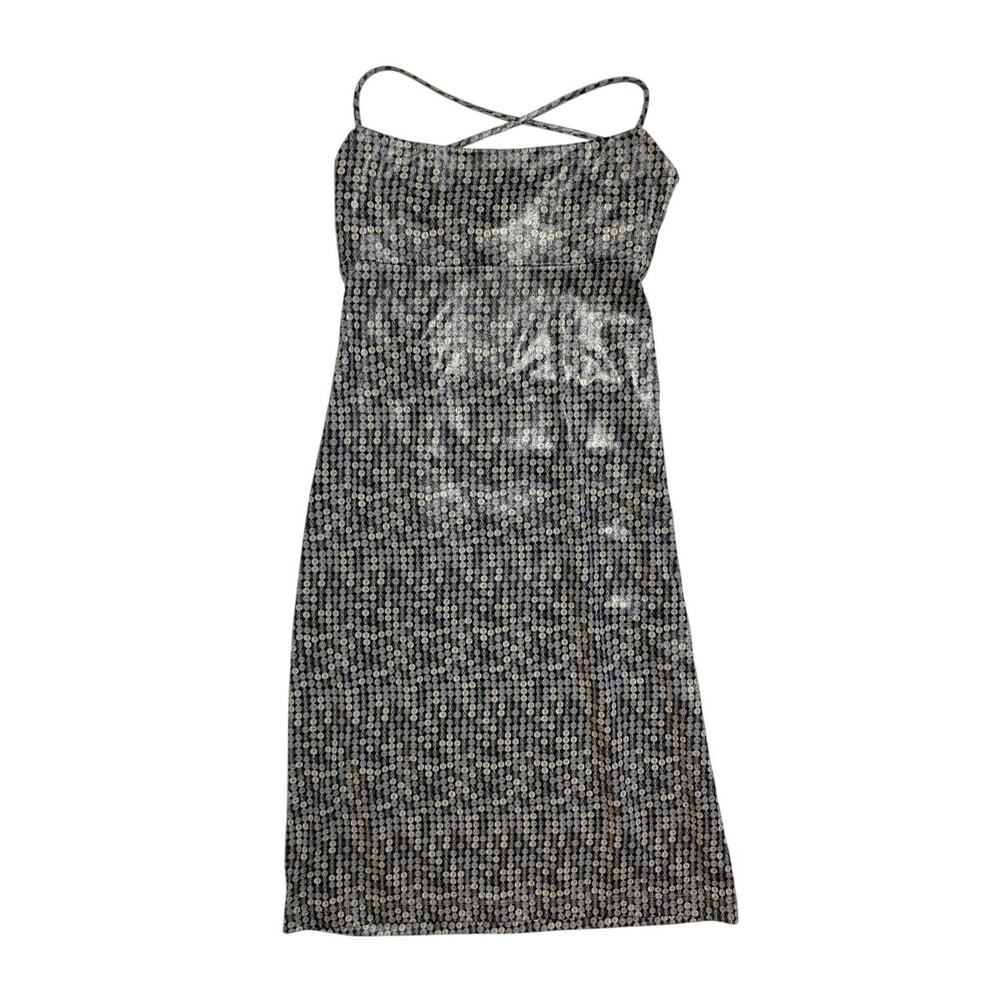 90s BCBG Button Print Shiny Silver Halter Dress